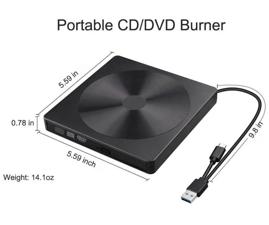 Lecteur DVD Externe, Type C USB 3.0 Haute Vitesse CD/DVD +/-RW