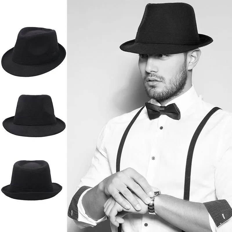 Cappelli a tesa larga Cappello a cilindro jazz da uomo Fedora classico nero Autunno e inverno Stile britannico Panama di lana Gentiluomo all'ingrosso