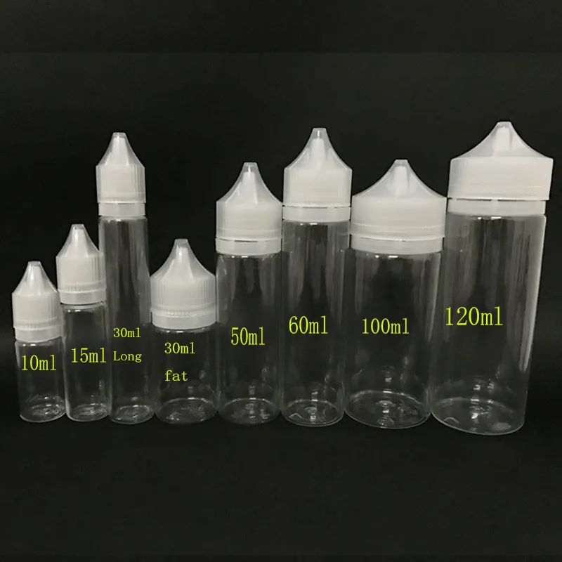 Tomt fett E flytande flaskor 10 ml 15 ml 60 ml 100 ml 120 ml PET Lång plastdroppsflaskor för E Juice Support Logo anpassad