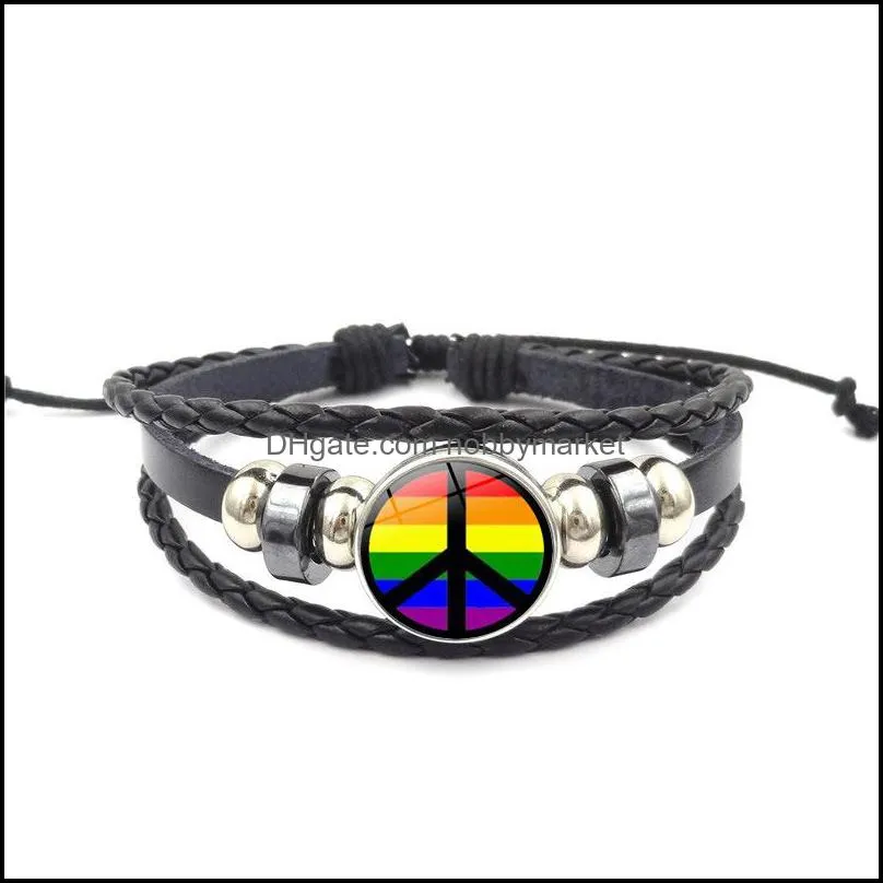 Gay and Lesbian Sign bracelet 18mm Ginger Snap Button Rainbow cabochons Glass charm Braided leather rope bracelet For women Men Jewelry