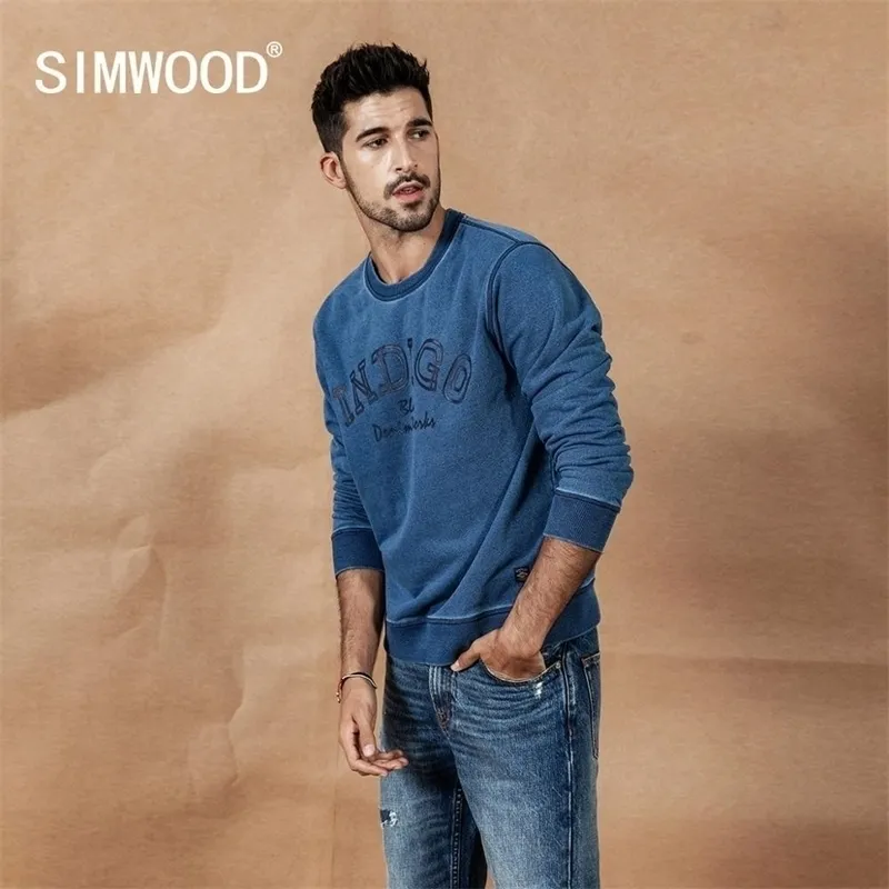 SIMWOOD Automne Nouveau Sweat à capuche en denim indigo Hommes lavés Vintage Pull à manches longues Lettre Imprimer Sweat-shirt Streetwear SI980511 201128