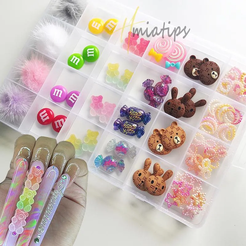 Nail Art Decorations 3D Charms Kawaii Set Cute Bear Candy Resin Acrylic Tips Glitter Rhinestones Decoration In Box