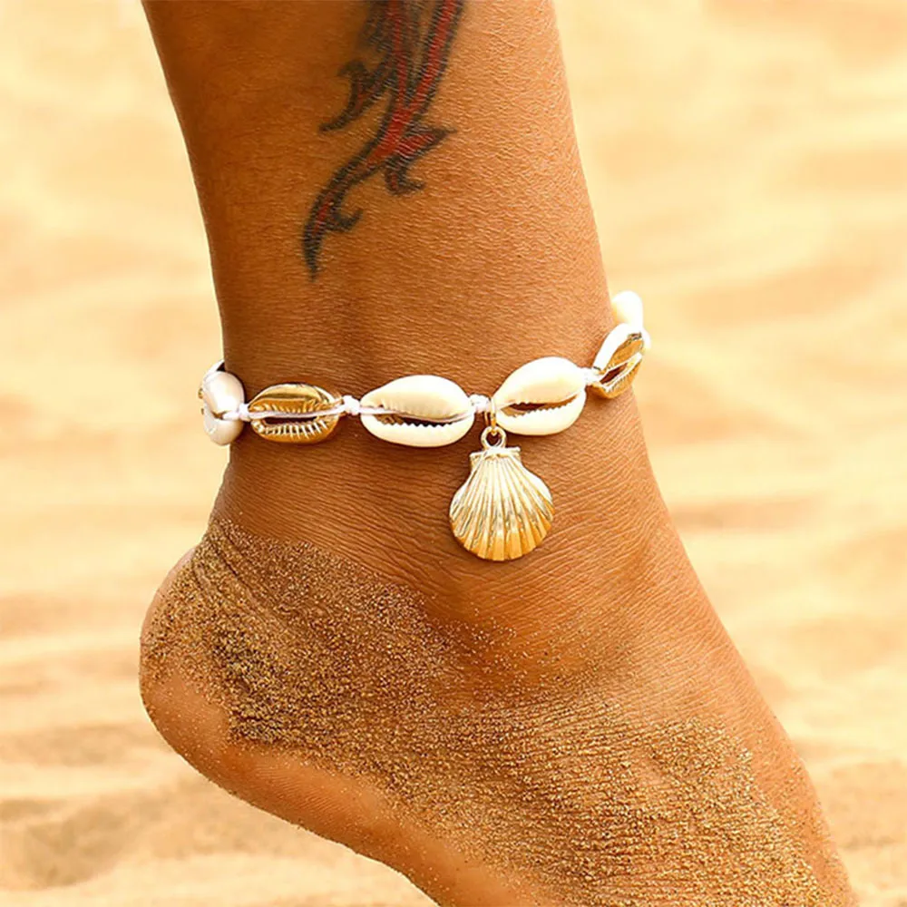 Anklet Gold Femminile Shell Charm Beach Geometry Paillettes Braccialetto Bracciale Piedi Anklet Gioielli