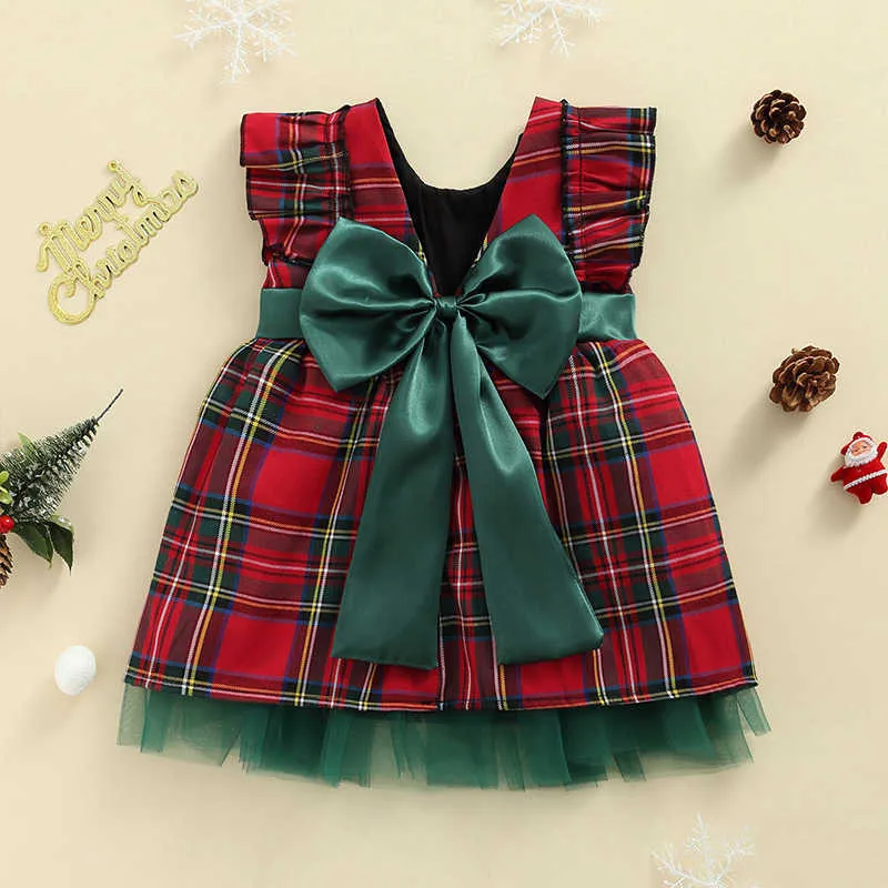 Lioraitiin 0-6Y Kerstmis Baby Meisjes Prinses Jurk Plaid Gedrukt Ruches Mouwloze Kant Back Bowknot A-lijn Jurk G1026