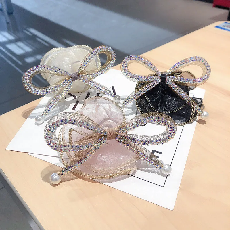 2021 elegante lazo de diamantes de imitación de encaje Scrunchies lazo de cristal completo niñas joyería perlas lazos de cuerda para el cabello para mujeres accesorios para el cabello
