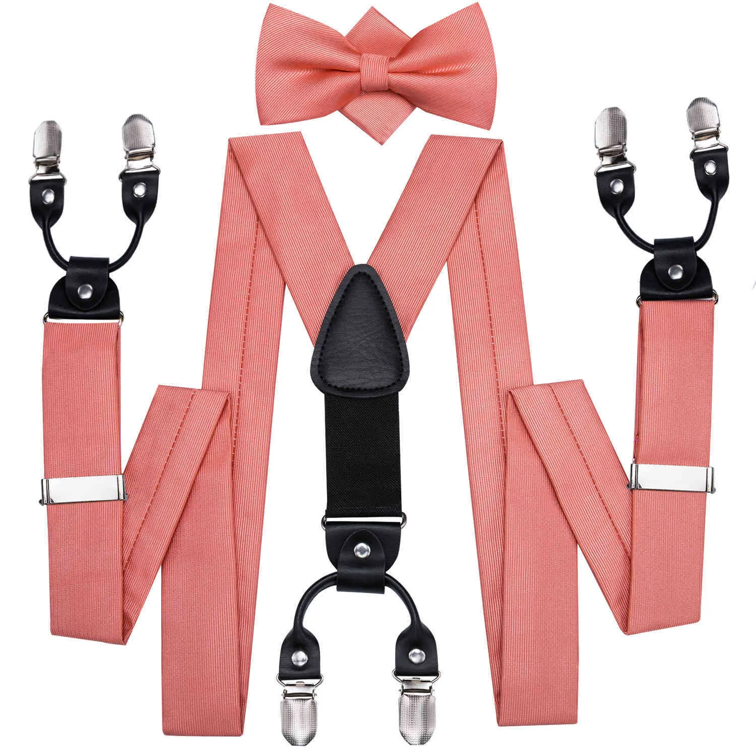 Hi-Tie 100% Silk Adult Mens Bowtie Classic 35cm With 6 Clips Braces Fashion Wedding Coral Peach BowTie Suspender Men