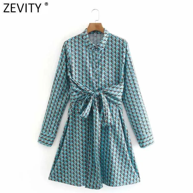 Zevity Frauen Vintage Umlegekragen Blätter Drucken Eingewickelt Kimono Minikleid Büro Dame Langarm Chic Schärpen Vestido DS4761 210603