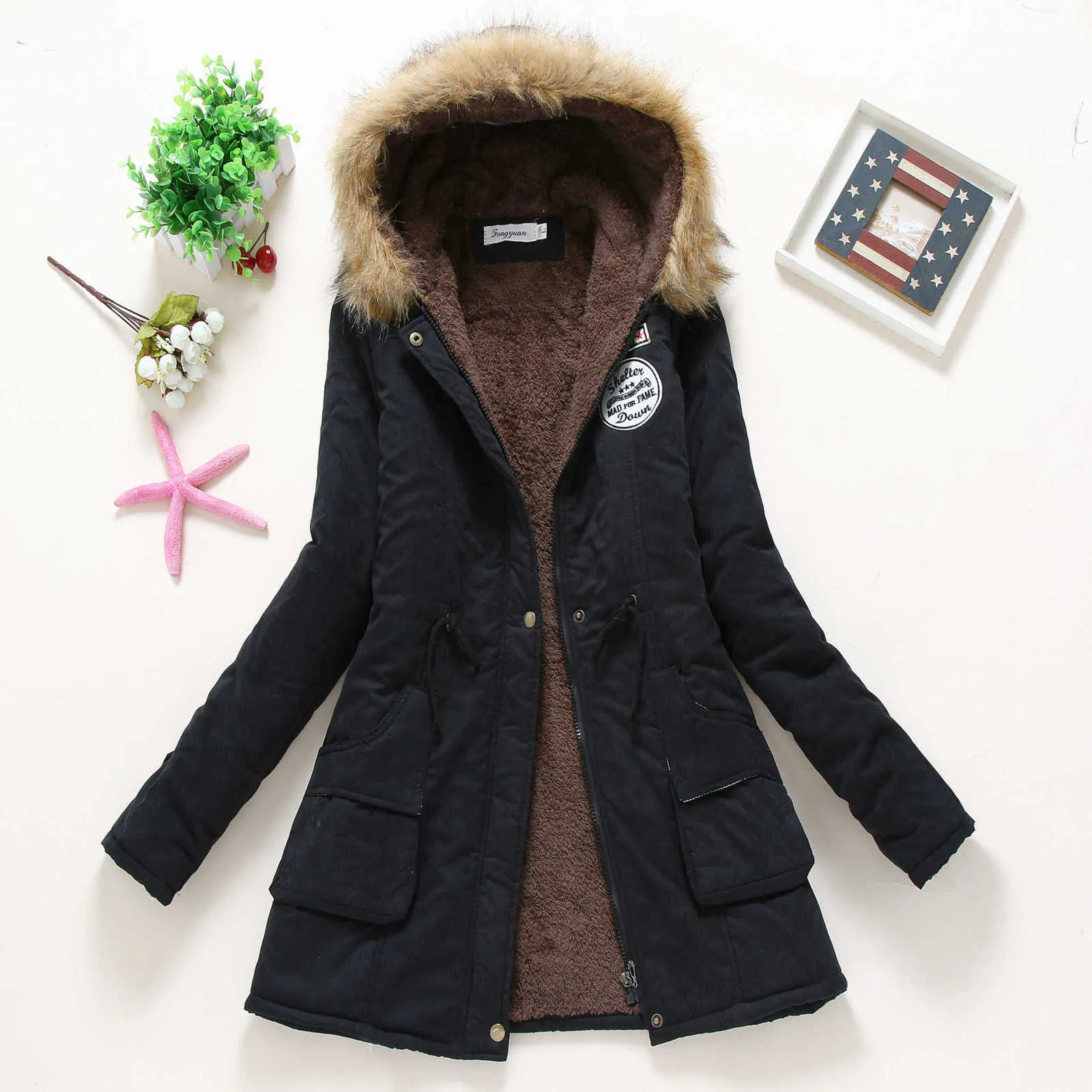 Womens Military Jacket With Inner Fur, 56 OFF