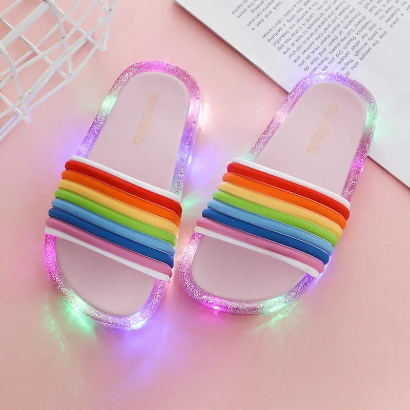 Bambini Led Lampeggiante Arcobaleno Infradito A Strisce Bambino Ragazza Gelatina Pantofole Estate Bambini Ragazze Pantofole Luminose Scarpe 210712