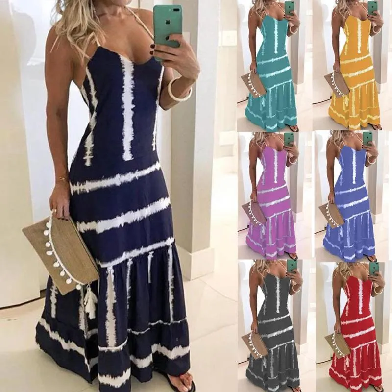 Casual Dresses 2021 Fashion Summer Women Dress Plus Size Striped Pullover Sundress Female Loose Long Slip Halter Beach Holiday Clothes
