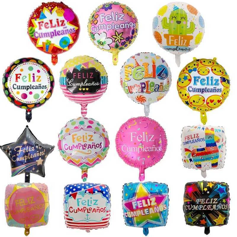 50 sztuk 18 cali hiszpańskiej folii balony Feliz Cumpleanos mylar helu balon Happy Birthday Party Dekoracji Okrągłe Baloes Air Globs 210626