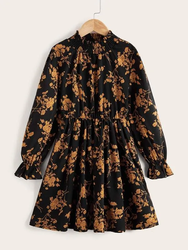 Girls Allover Floral Print Flounce Sleeve Shirred Neck Dress SHE