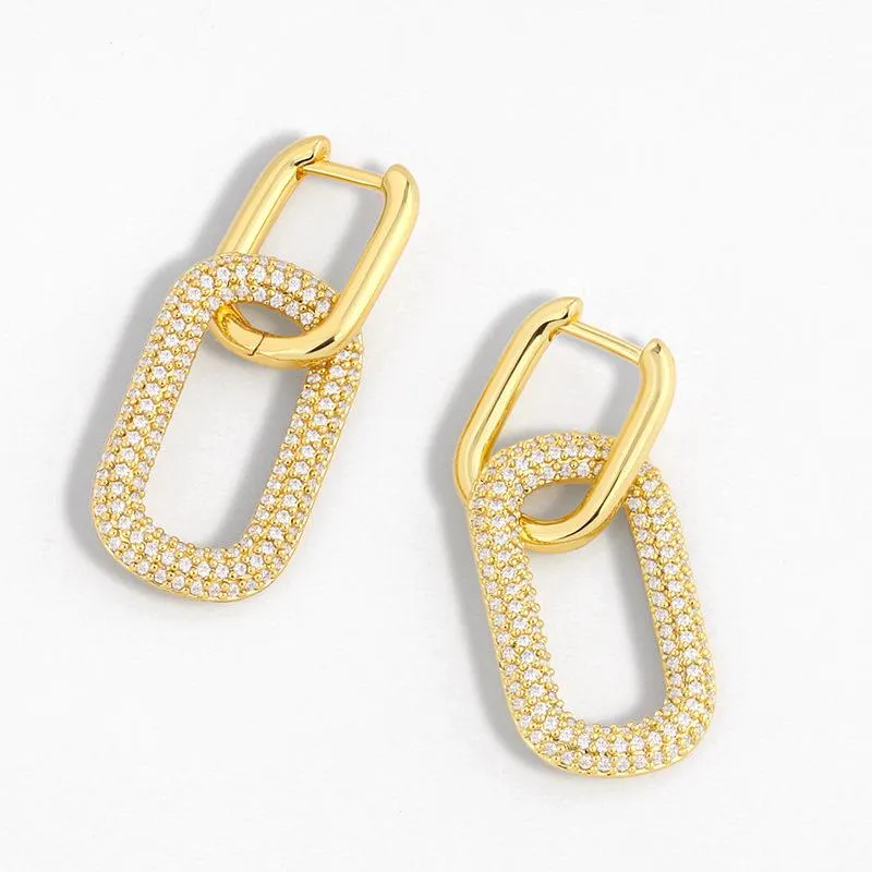 Geometric Double Ring Lock Earrings For Women Girls Gold Color Zircon Hip Hop Jewelry Rock Female Creative Drop Earings Gifts