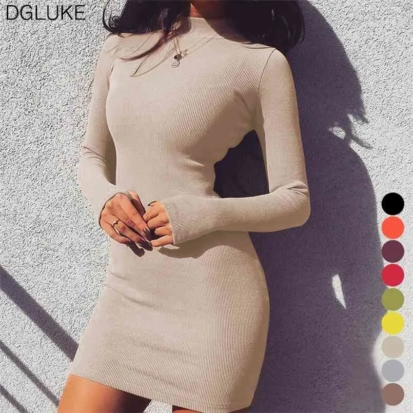 Gebreide coltrui trui jurk vrouwen winter bodycon mini lange mouw casual warme jurk korte sexy club dragen zwart rood 210915