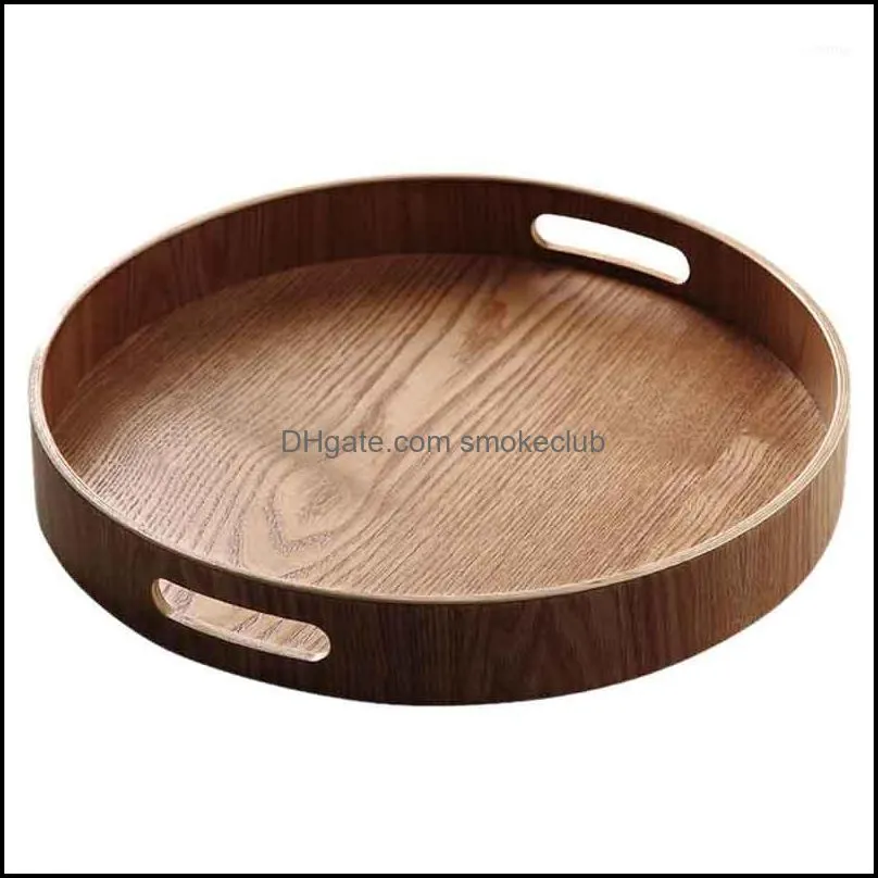 Round Serving Bamboo Wooden Tray for Dinner Trays Bar Breakfast Container Handle Storage ZZD8861