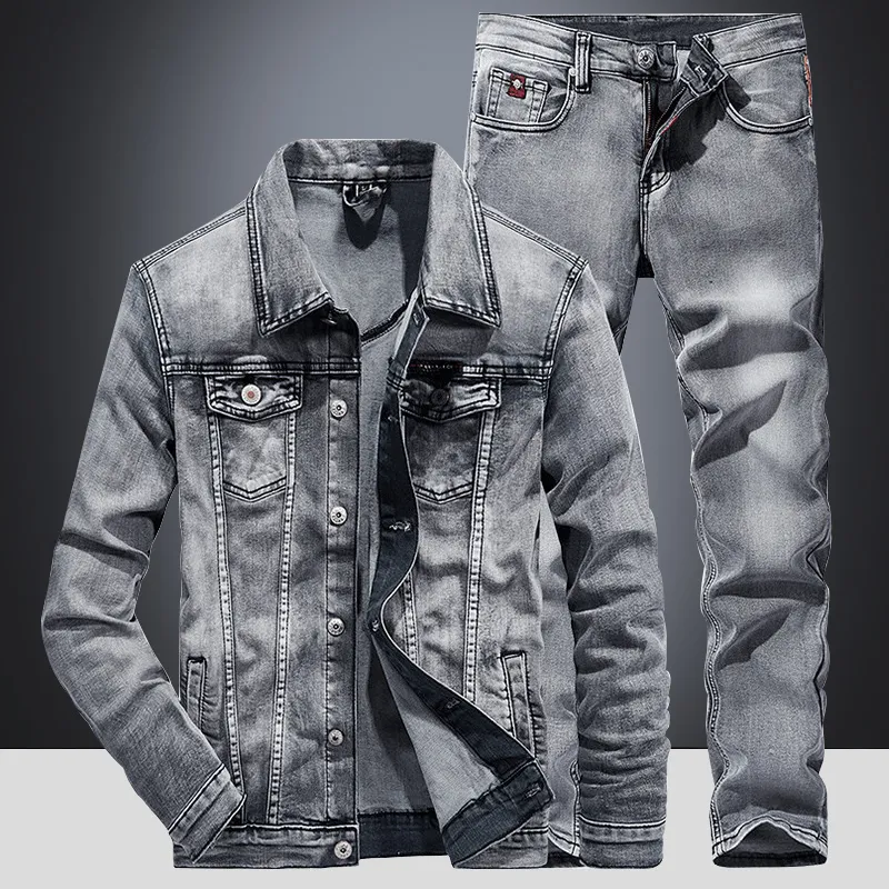 Ny affär Casual 2st Mäns byxa sätter enkel design långärmad denimjacka och jeans vår höst slim-fit stretch manskläder