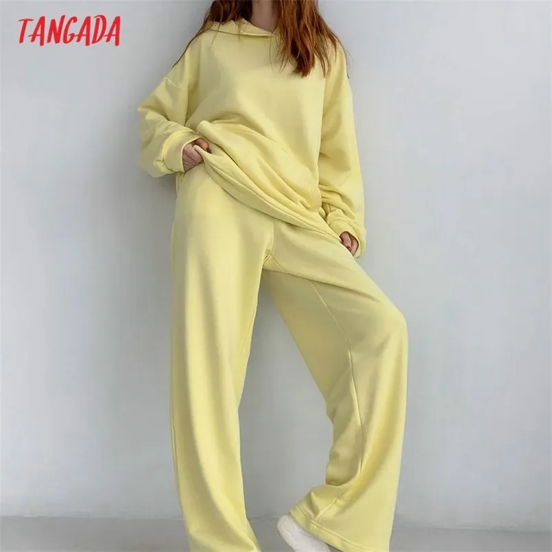 Tangada Kobiety Dress Sets Yellow Oversized Bluza Bluzy Bawełniany Garnitur 2 Sztuki Zestawy Hood Tops and Spodnie 6L39 210819