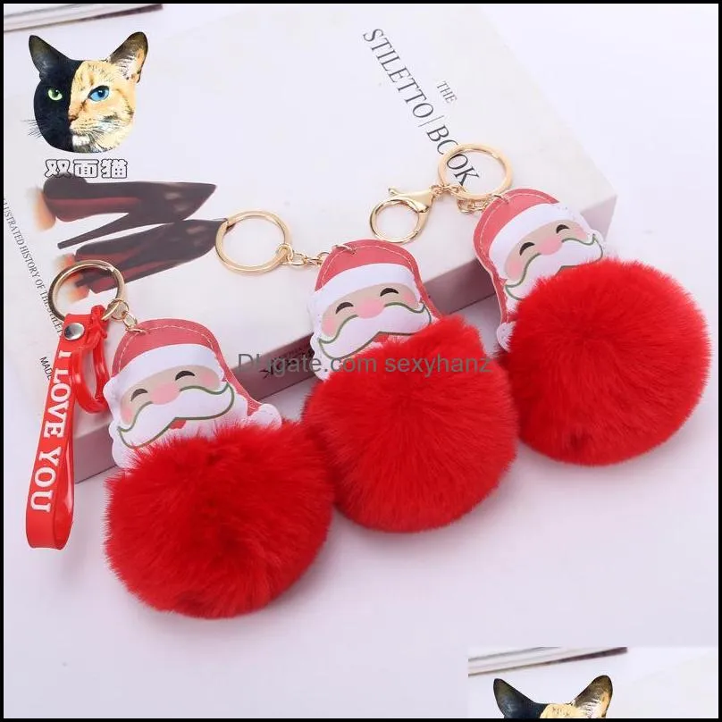 Keychains Fashion Aessories Christmas Big Red Santa Claus Fluffy Key Chain Party Gifts Faux Rabbit Päls Ball Pom Women Bag GWE11186 Drop Deli