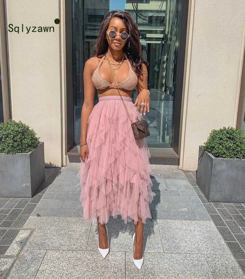 Chic Irregular Mesh Skirt Women Spring Autumn Multi Layer Pink
