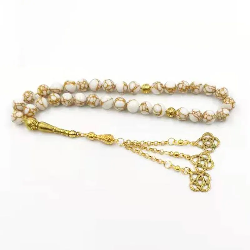 Beaded, Strands Tasbih White Howlite Spun Gold Stone Muslim Rosary 33 Pyer Beads Misbaha Islamitische Eid Gift Armbanden