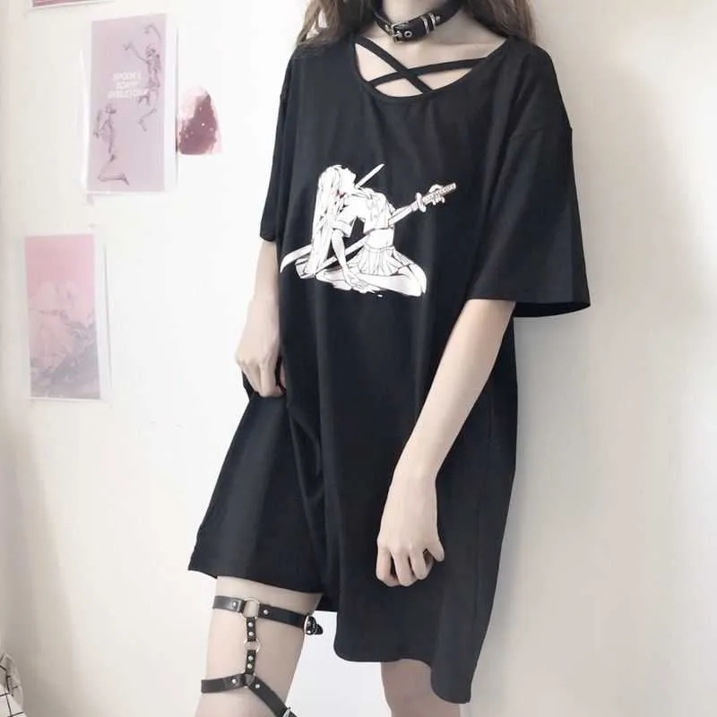 Ss Japan Preppy Style T-shirt Goth Girl Print Loose Mid-Length Short-Sleeved Kvinna Student Punk Harajuku Klänning Topp 210526