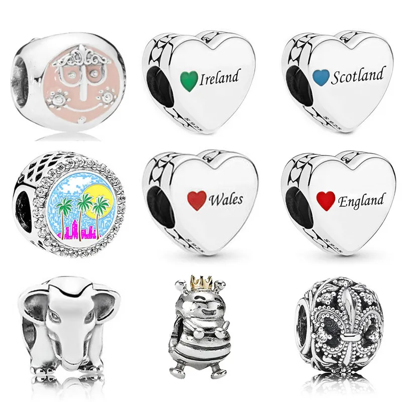 Memnon Jewelry Plata de ley 925 Palmeras Destino Charm Irlanda Gales Inglaterra Escocia Amor Corazón Charms Fleur-de-Lis Bead Fit Pandora Estilo Pulseras Diy