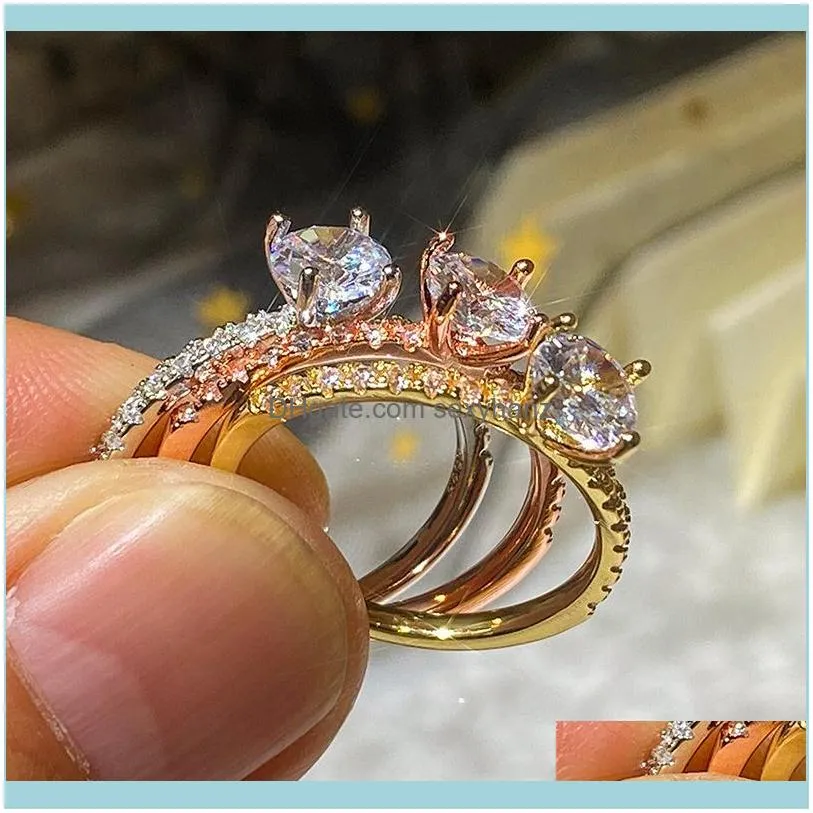 Luxury Classic Sparkling Zircon Engagement Wedding Ring Gold, White Rose Gold Three-color Optional Jewelry