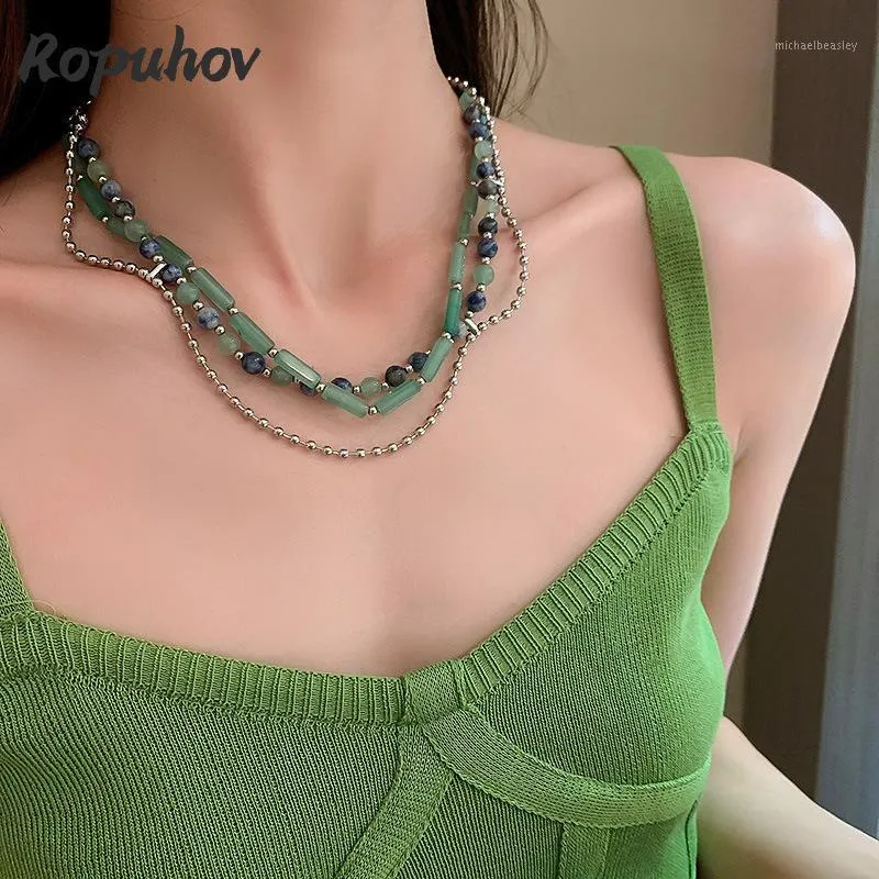 Chains Ropuhov 2021 925 Silver European Necklace Female Fashion Green Stone Bead Chain Net Red Clavicle Design Retro