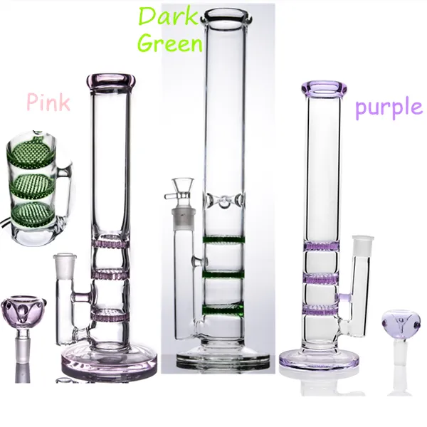 11 inch Paars en Roze Rechte Waterpijp Glazen Pijp Drie Lagen Honingraat Perc Percolator Waterleidingen Bedwelmende Olie Dab Rig