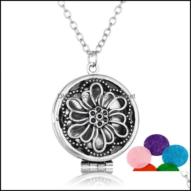 New Essential Oil Diffuser Necklaces Hollow flowers open Locket Pendant Long chains For women Aromatherapy Fashion Jewelry Gift