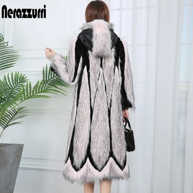 Nerazzurri Runway Patchwork Faux Pele Casaco com Hood rosa Long Winter Mulheres Casacos de moda Plus Size Color Block Outwear 7xL 210222