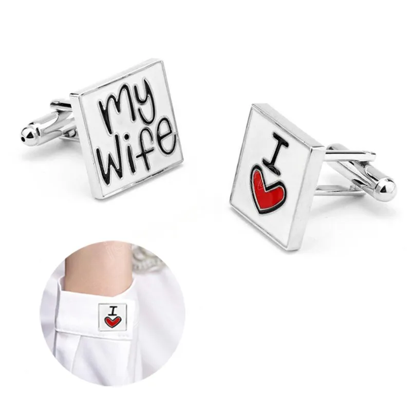 나는 내 아내를 사랑한다 커프스 링크 웨딩 디자인 커프스 링크 남자 프랑스 에나멜 셔츠 버튼 신랑을위한 낭만적 인 문장 커프스 단추