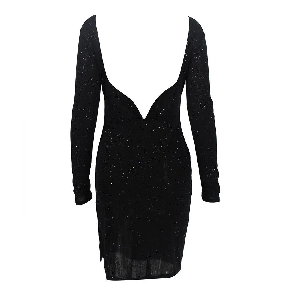 sequined meaning Black Glitter Bodycon Dress for Women - Long Sleeve, Perfect for Parties and Clubs (Style B4)