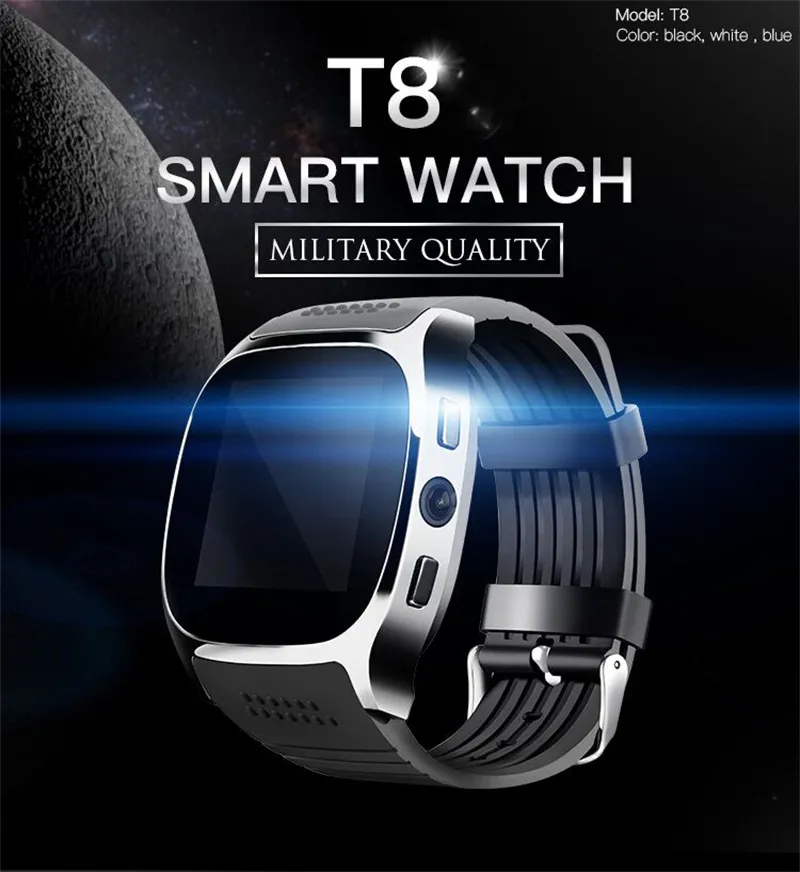 100% wysokiej jakości inteligentne zegarki Bluetooth T8 z kamerą Mate SIM Karta SIM Krokomierz Wodoodporna dla Android IOS SmartWatch Pack w polu detalicznym