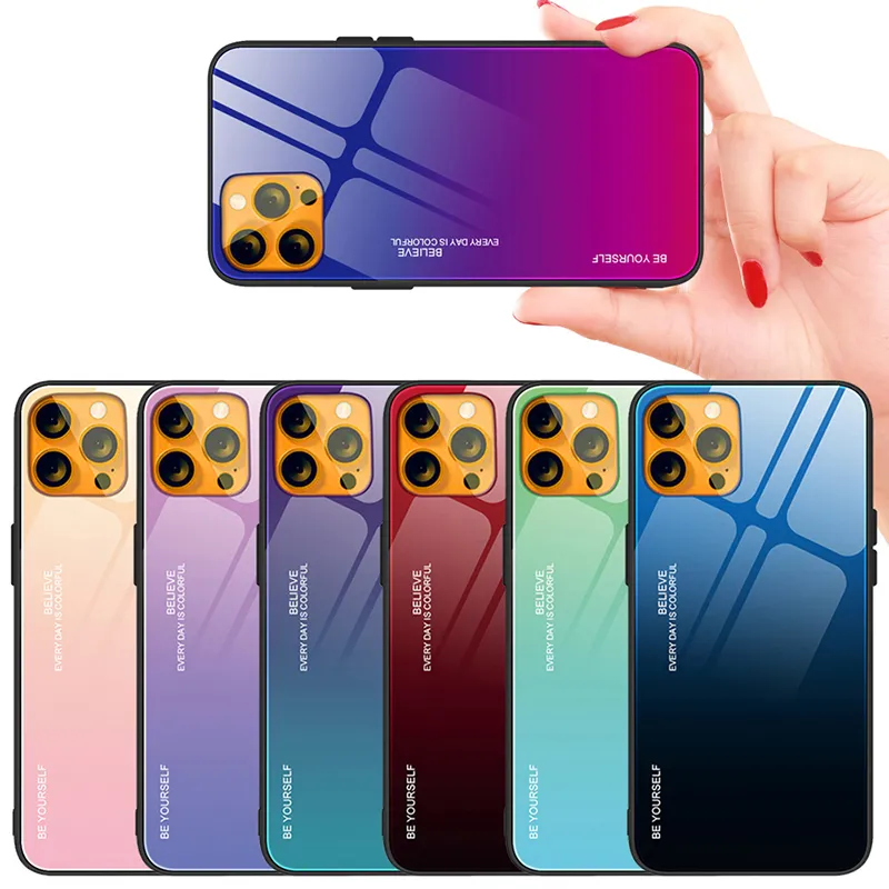 Étuis de téléphone portable pour iPhone 15 Pro Max 14 Plus 13 Mini 12 11 Rainbow Laser Aurora Dégradé Verre Trempé Dur TPU Silicone Caoutchouc Anti-Scratch Edge Cover