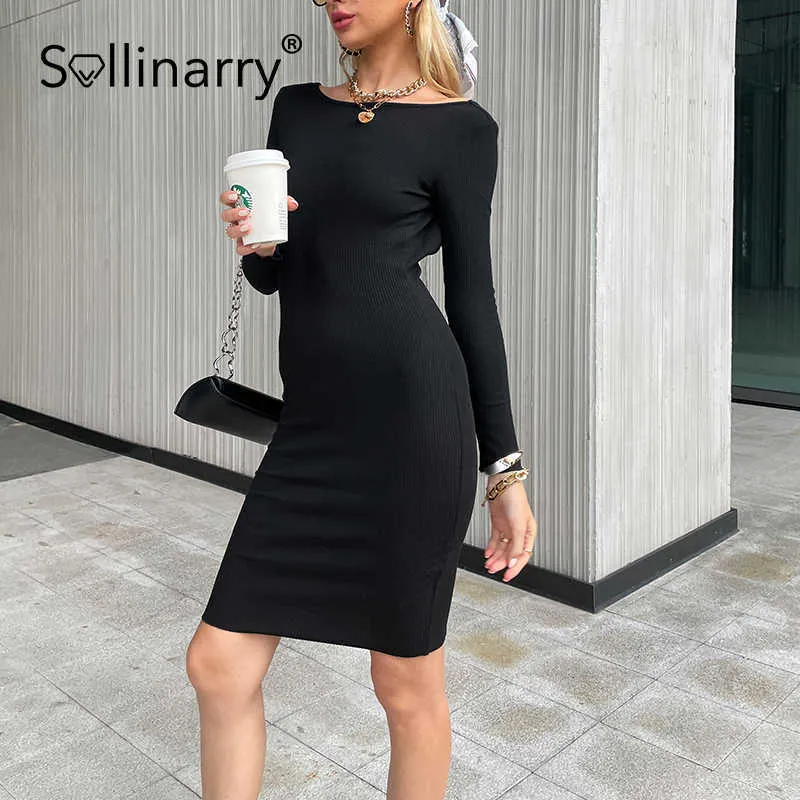 Sollinarry Elegante catena solido backless donna abito lavorato a maglia High street maniche lunghe abito nero autunno Sexy slim o-collo vestido 210709