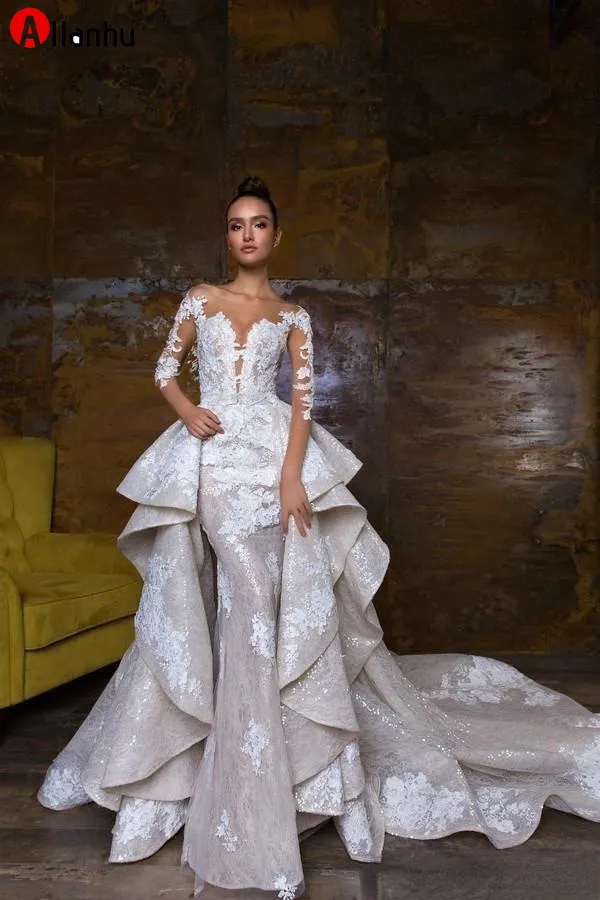 NUOVO! Abiti da sposa a sirena firmati 2022 con strascico staccabile maniche lunghe applicazioni di pizzo abiti da sposa corpetto illusione abito da sposa country