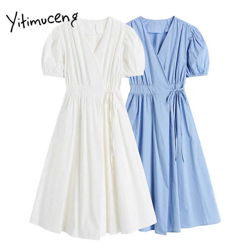 Yitimuceng Midi Vestidos Mulheres Verão Lace Up Puff Manga Alta Cintura Branco Azul Coreano Moda Simples Estilo Sundress 210601