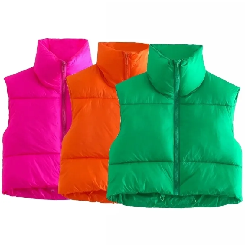 TRAF Za Women Sleeveless Cropped Vest Fashion Warm Zipper Green s For Autumn Winter Streetwear Orange 211220