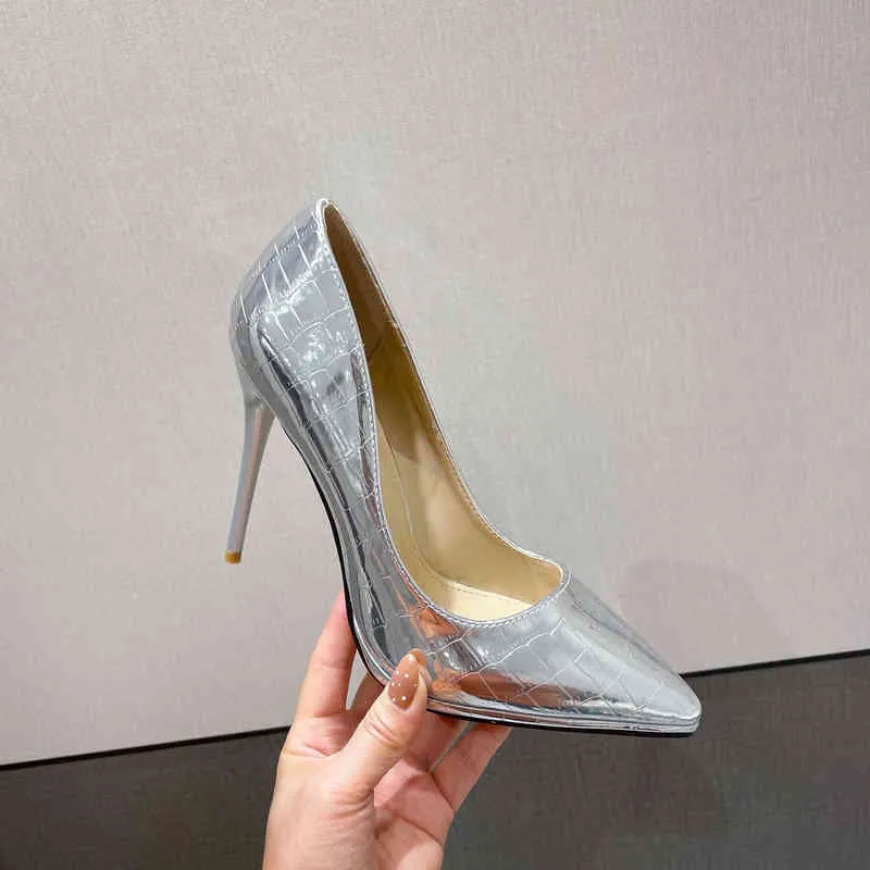 11cm New Fashion Pointed Toe Patent Leather Pumps High Heels Banquet Women Silver Shoes