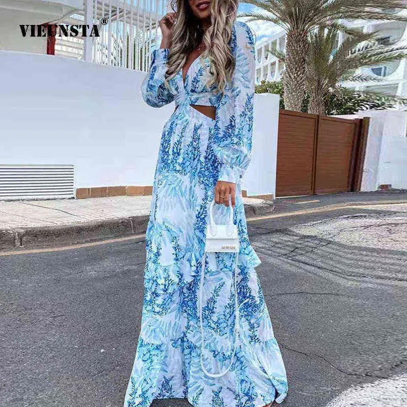 Elegante scollo a V profondo Stampa Boho Long DrNew Sexy Criss-Cross Hollow Out Beach DrSummer Women Ruffle Long Sleeve Maxi Dress X0621