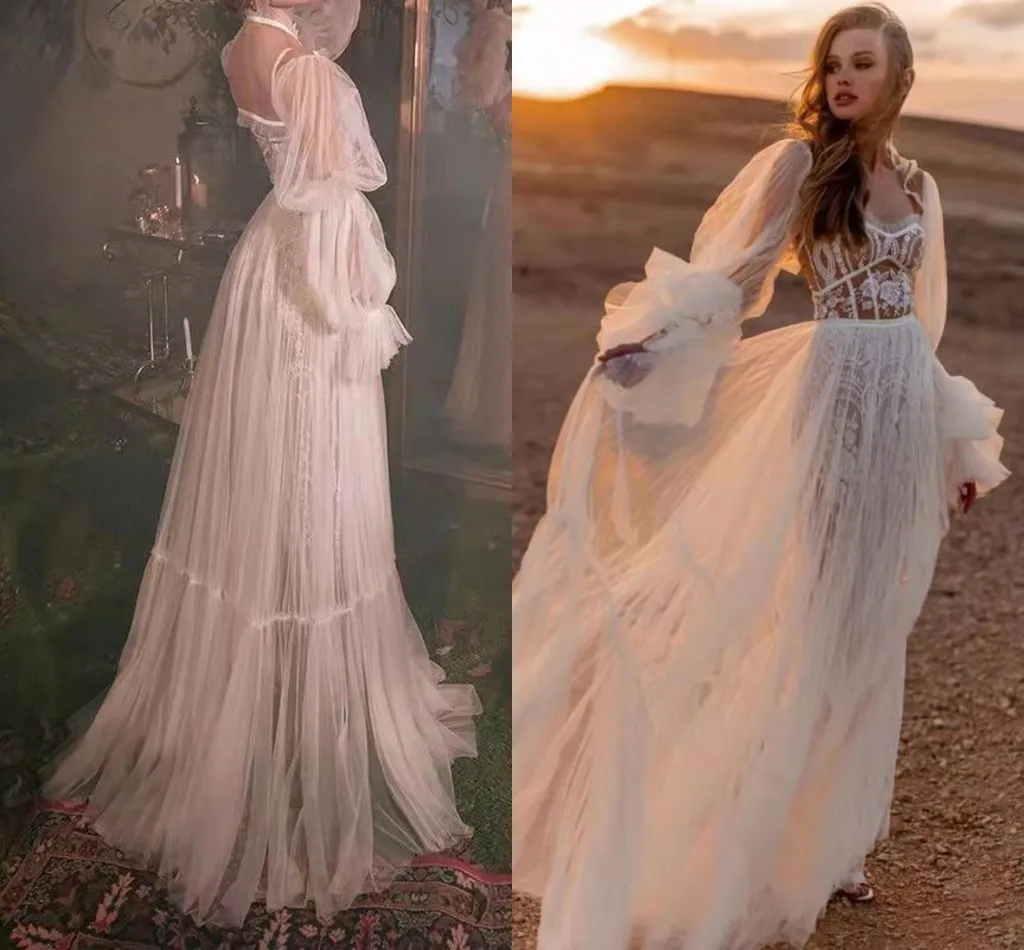 Einzigartige Böhmen Hochzeit Kleid Schal Langarm Spitze Boho Fee Rock Brautkleider Chic Strand Tüll Vestido De Noiva