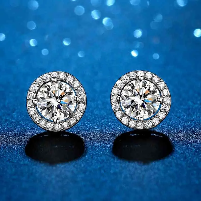 Ensemble Classique Total 1CT 2CT 4CT Moissanite Boucles D'oreilles Diamant Test Passé Coupe Ronde 18K Or Blanc Plaqué S925 Argent