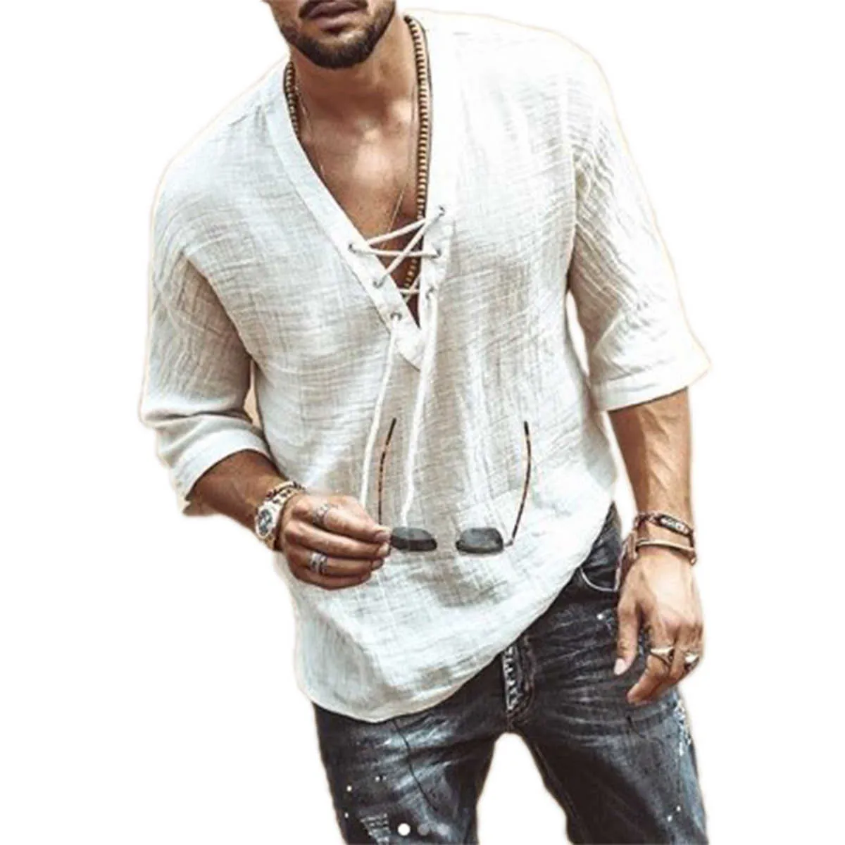 2020 New Mens Hippie Linen Casual Shirt Middle Sleeve V Neck Loose Tee For Summer Beach Solid Color Henley Shirt Men Y0809 From Mengqiqi02 9.72 DHgate.Com