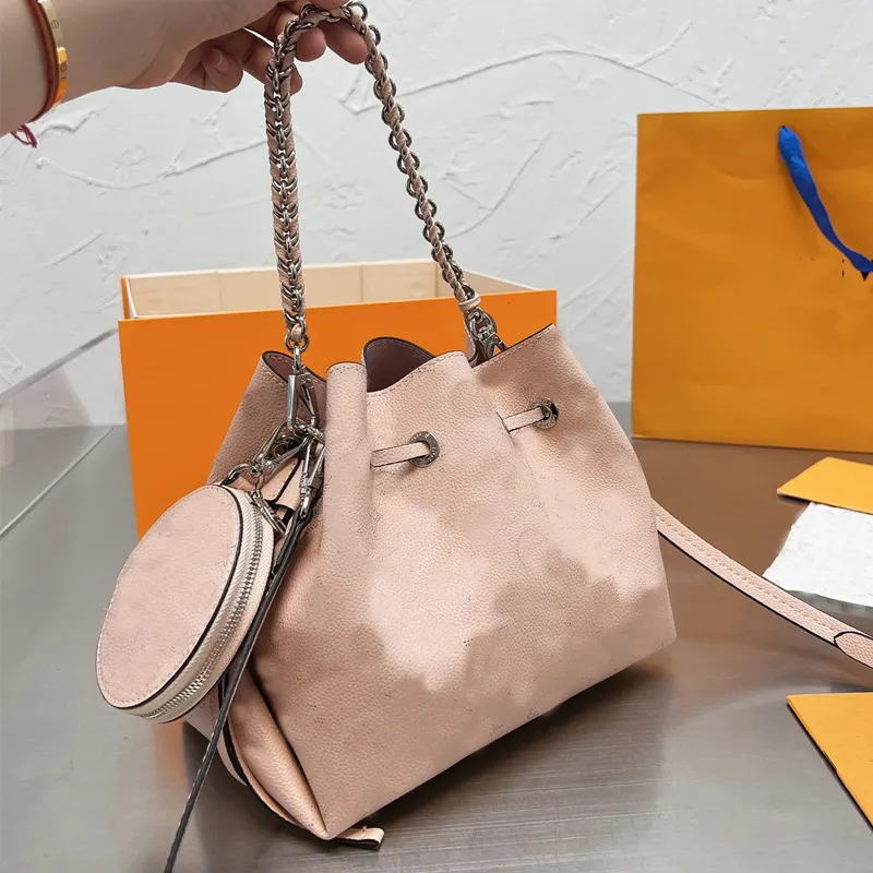 Bucket Bag Women Drawstring Handbag Calf Leather Perforated Letter Flower Shoulder Bags with Round Coin Purse Adjust Removable Strap Silver-color Hardware