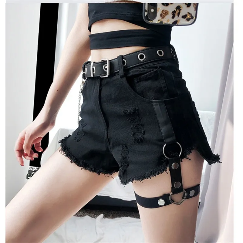 Summer Denim Shorts for Women Sexy Rivet Ring Harness Band Casual Jeans Shorts High Waist Worn-out Hole Black Shorts Lady 210625