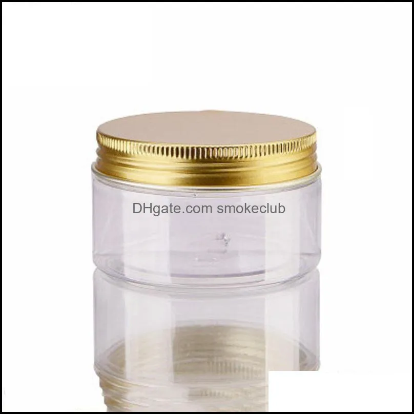 100ml 200ml Jars Transparent PET Plastic Storage Cans Boxes Round Bottle with gold Aluminum Lids RRD7038