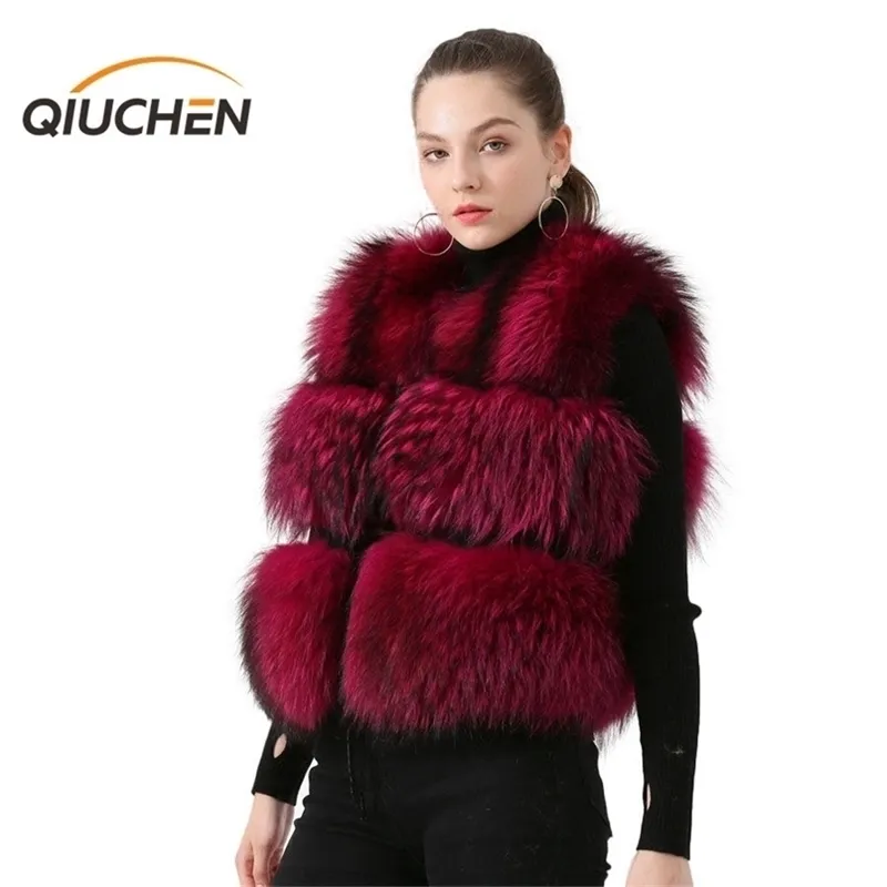 冬のQiuchen PJ8051モデルのファッション短いベストの女性100％天然アライグマの毛皮本物の毛皮211129