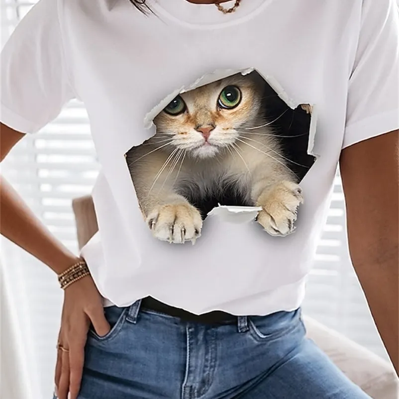 Mulheres camisetas Gato Gato 3D Imprimir Redondo Pescoço Tops Algodão Básico Top Top Branco Black UE Tamanho 210722