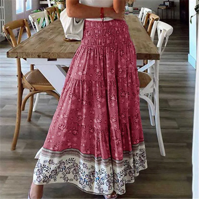 Bohemian Women Summer Skirt Casual Shrinkage Elastic High Waist Print Holiday Long Vintage Floral A-line Maxi Female 210526